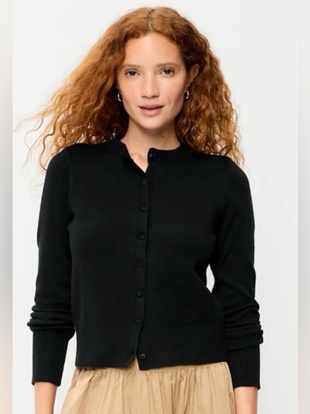 Black Button-Front Crewneck Cardigan